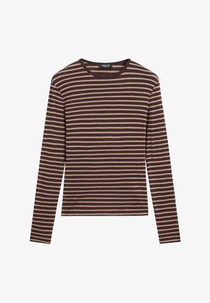 Langärmeliges gestreiftes T-Shirt in Dunkelbraun und Beige. Mit rundem Ausschnitt und weicher Textur, ausgestattet mit gleichmäßig angeordneten horizontalen Streifen.