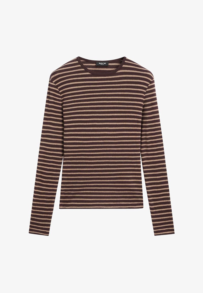 Langärmeliges gestreiftes T-Shirt in Dunkelbraun und Beige. Mit rundem Ausschnitt und weicher Textur, ausgestattet mit gleichmäßig angeordneten horizontalen Streifen.