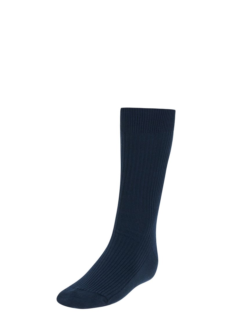 Mörkblå ribbade strumpor med mjuk textur, knälång design och förstärkt tåparti för hållbarhet.