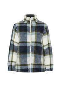 Fleecejacka med hög krage, dragkedja framtill och stort rutmönster i marinblått, grönt, vitt och ljusblått. Har elastisk nederkant och ärmmuddar.