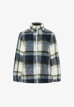 Fleecejacke mit hohem Kragen, Reißverschluss vorne und großem Karomuster in Marineblau, Grün, Weiß und Hellblau. Mit elastischem Saum und Bündchen.