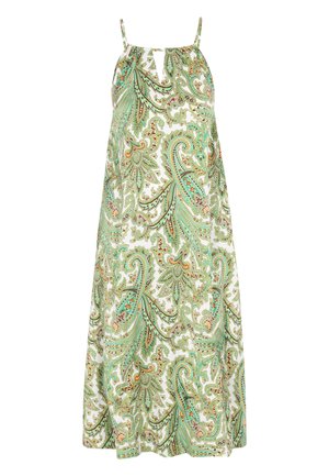 Maxi šaty z lehkého materiálu s zeleným paisley vzorem, tenkými ramínky a detailním výstřihem ve tvaru klíče.