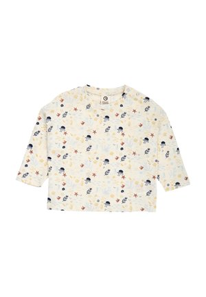 Long-sleeve cream-colored toddler shirt with marine life pattern including jellyfish, starfish, seaweed, and shells in blue, orange, and yellow.