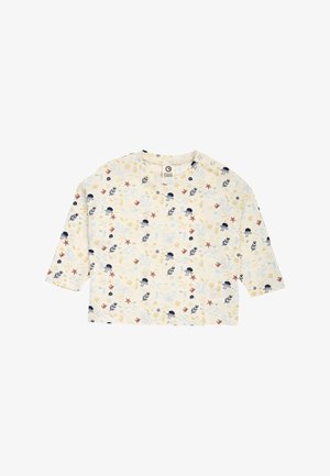 Dětské tričko s dlouhým rukávem krémové barvy s motivem mořského života, zahrnující medúzy, hvězdice, mořské řasy a mušle v odstínech modré, oranžové a žluté.