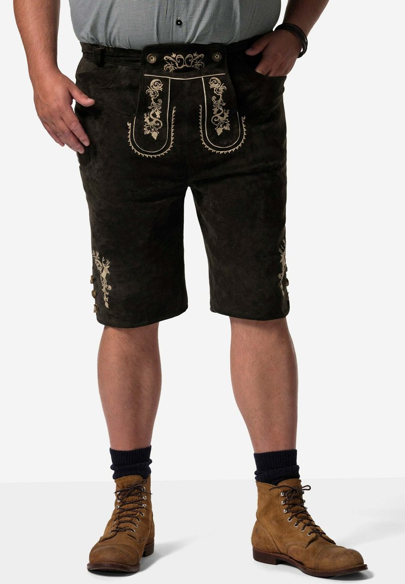 Mörka mocka shorts med intrikata gyllene broderier, hög midja med dekorativa knappar och sidoknappar för stängning.