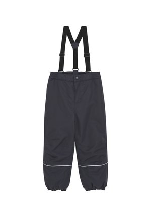Mørkegrå vanntette bukser med justerbare svarte seler, elastiske mansjetter og en reflekterende hvit stripe nær kanten.