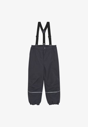 Tmavě šedé nepromokavé kalhoty s nastavitelnými černými kšandami, elastickými manžetami a reflexním bílým pruhem blízko lemu.