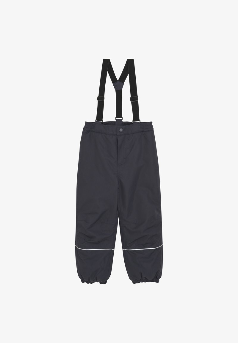 Mørkegrå vanntette bukser med justerbare svarte seler, elastiske mansjetter og en reflekterende hvit stripe nær kanten.