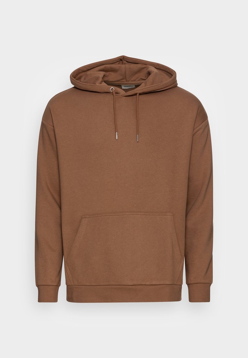 Sweat à capuche marron avec poche kangourou à l’avant, cordons réglables, et poignets et bas côtelés, présenté sur un fond uni.