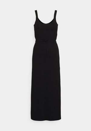 Robe maxi noire sans manches avec encolure dégagée et taille à cordon, présentée sur un fond gris clair uni.