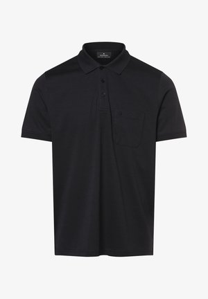 Schwarzes Polohemd aus weichem Material. Verfügt über einen klassischen Kragen, eine dreiknöpfige Front, eine Tasche auf der linken Brust und kurze Ärmel.