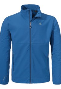Blaues Zip-Jackett mit Stehkragen, aus glattem, leichtem Material. Verfügt über zwei seitliche Taschen und ein kleines Logo auf der Brust.