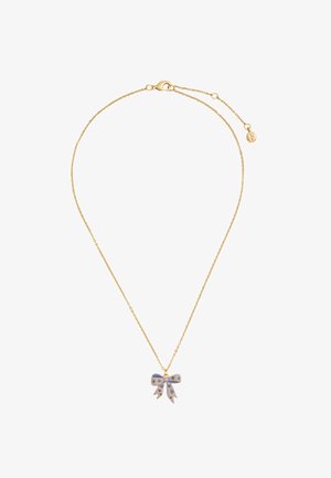 Delikat guldkæde med en lille lilla sløjfeformet vedhæng dekoreret med små blomstermønstre.