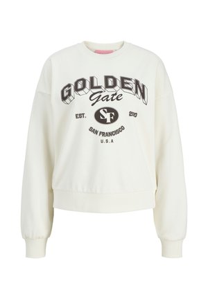 Witte sweatshirt met lange mouwen, geribbelde manchetten en zoom, met de tekst "Golden Gate," "SF," "San Francisco," en "V.S." in zwarte print op de voorkant.