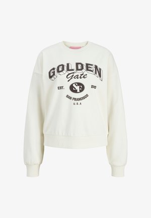 Witte sweatshirt met lange mouwen, geribbelde manchetten en zoom, met de tekst "Golden Gate," "SF," "San Francisco," en "V.S." in zwarte print op de voorkant.