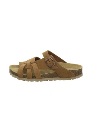 Brown suede open-toe sandal with adjustable buckle strap, multiple foot straps, and cork-textured sole with treaded bottom.