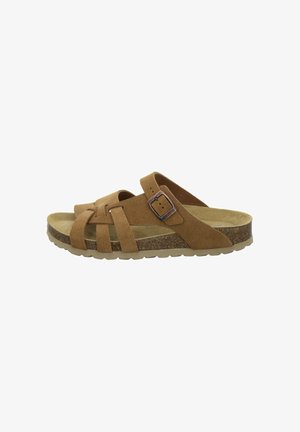 Brown suede open-toe sandal with adjustable buckle strap, multiple foot straps, and cork-textured sole with treaded bottom.