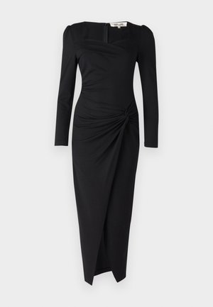 Rochie neagră cu maneci lungi, decolteu pătrat, detaliu răsucit în talie și un tiv ușor evazat. Fabricată dintr-un material fin, elastic.
