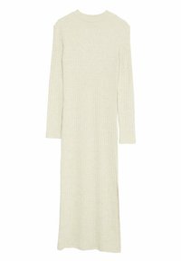 Robe longue en maille côtelée beige clair avec un col rond, des manches longues et des fentes latérales pour faciliter les mouvements. Confectionnée dans un tissu texturé.