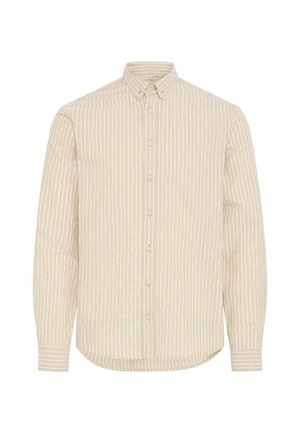 Camicia a maniche lunghe a righe beige chiaro con righe bianche, colletto con bottoni, patta frontale con bottoni e orlo arrotondato.