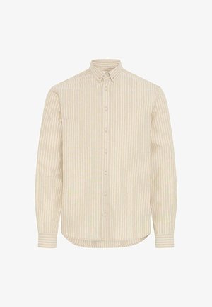 Camicia a maniche lunghe a righe beige chiaro con righe bianche, colletto con bottoni, patta frontale con bottoni e orlo arrotondato.