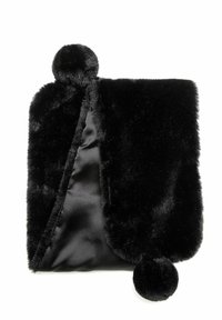 Écharpe en fausse fourrure noire avec une doublure en satin, ornée de deux pompons ronds noirs aux coins opposés. Texture douce, forme rectangulaire.
