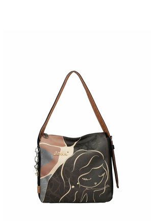 Sac d'épaule en matériau synthétique noir et marron, avec un design graphique d'une femme, une sangle ajustable et un accent logo doré.