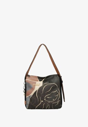 Sac d'épaule en matériau synthétique noir et marron, avec un design graphique d'une femme, une sangle ajustable et un accent logo doré.