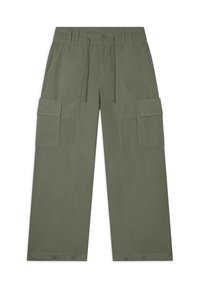 Pantaloni cargo verde oliva, con una vestibilità rilassata, vita regolabile con cordoncino, due tasche laterali e due grandi tasche cargo.