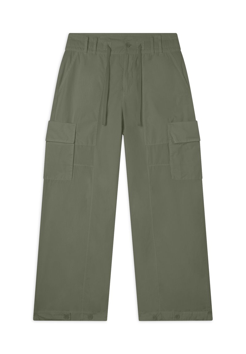 Pantaloni cargo verde oliva, con una vestibilità rilassata, vita regolabile con cordoncino, due tasche laterali e due grandi tasche cargo.