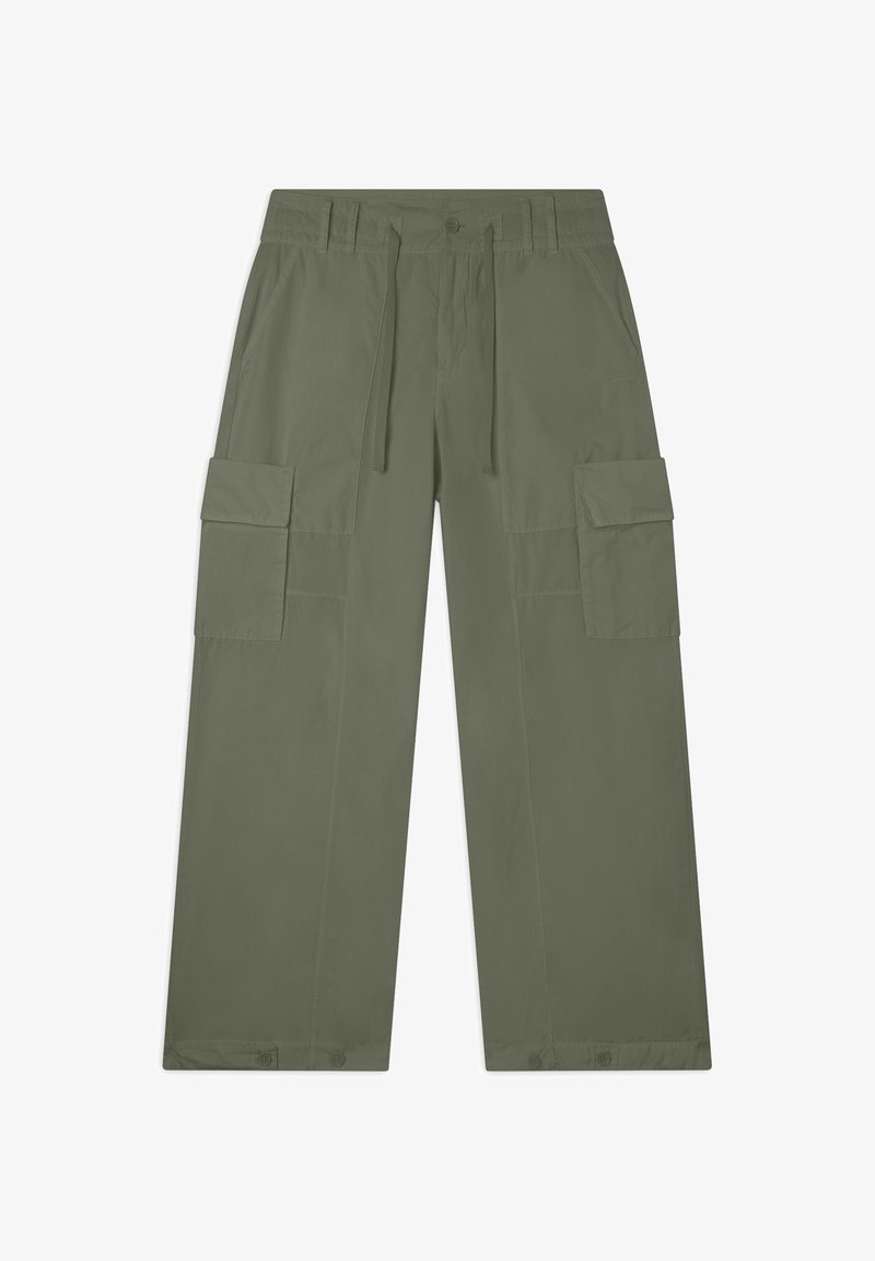 Pantaloni cargo verde oliva, con una vestibilità rilassata, vita regolabile con cordoncino, due tasche laterali e due grandi tasche cargo.