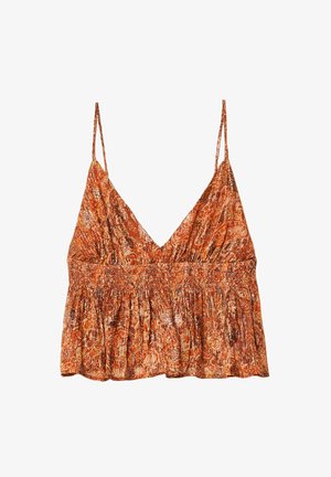 Top à bretelles smocké de marque avec un motif floral orange et crème, présentant des bretelles fines et une coupe décontractée. Tissu léger et doux.
