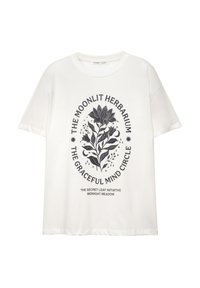 Hvid kortærmet t-shirt med sort blomsterillustration og tekst, der læser "The Moonlit Herbarium, The Graceful Mind Circle" samt mindre tekst nedenfor.