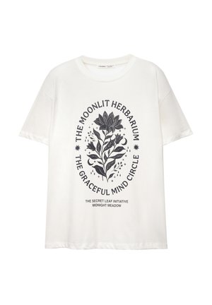 Vit kortärmad t-shirt med svart floral illustration och texten "The Moonlit Herbarium, The Graceful Mind Circle" samt mindre text nedanför.