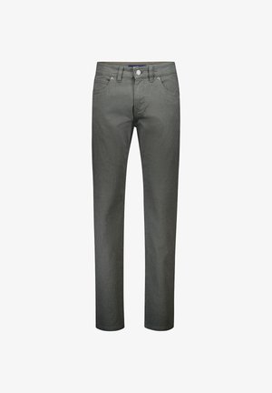 Graue Jeans aus Denim mit geradem Bein, ausgestattet mit fünf Taschen, einem Metallknopf und einer dezenten strukturierten Oberfläche.