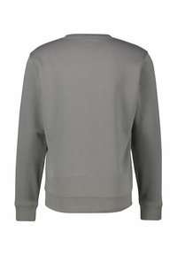 Szara bluza z okrągłym dekoltem, ściągaczami na rękawach i w pasie. Gładka faktura, jednolity kolor, bez wzorów ani grafik.