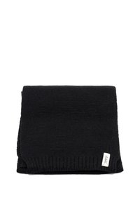 Sciarpa nera lavorata a maglia con tessuto testurizzato, bordi a coste e una piccola etichetta del marchio su un lato.