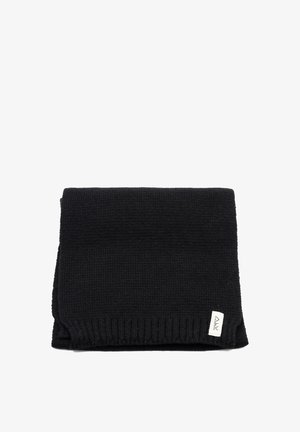 Sciarpa nera lavorata a maglia con tessuto testurizzato, bordi a coste e una piccola etichetta del marchio su un lato.