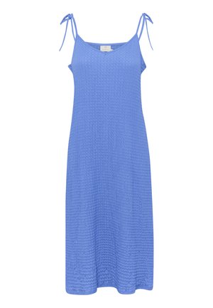 Lyseblå, ærmeløs kjole med V-udskæring og justerbare bindesnorremme. Textureret stof med et afslappet, flydende design og mellemlang længde.