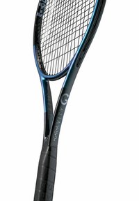 Black and blue tennis racket with a glossy finish, oval head, textured grip, and a mesh string pattern. Features brand detailing on the frame.