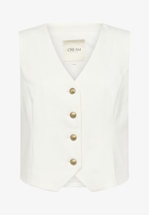 Bez piedurknēm, balta veste ar V veida kakla izgriezumu, kas rotāta ar četriem zeltītiem dekoratīviem pogām, izgatavota no gludas, vieglas auduma. Marca: CREAM.