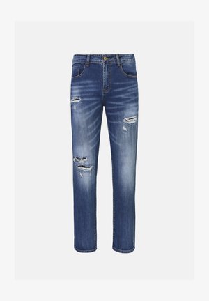 Denimjeans i mellemblå med en afslappet pasform, med slidte pletter og falmede detaljer foran, standard fem-lomme design.