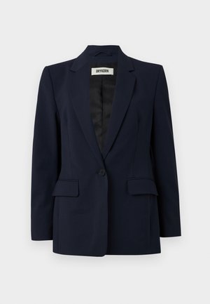 Navy blazer made of tailored fabric. Features a notched lapel, single button closure, two front pockets, and a smooth, lined interior.