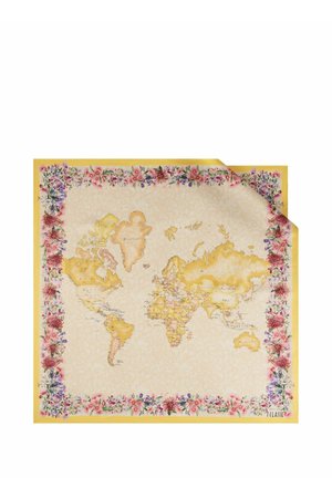 Mappa del mondo in toni gialli con bordo floreale di fiori rosa, viola e rossi su uno sfondo crema. Un angolo è leggermente piegato.