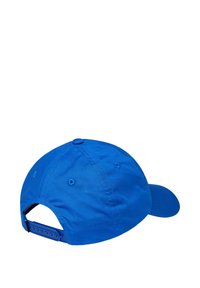 Blue cap made of lightweight fabric. Features a curved brim, adjustable snapback closure, and stitched details on the crown.
