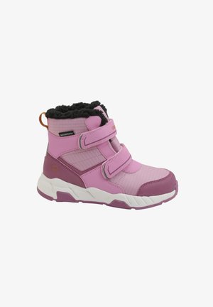 Wasserfeste rosa Schuhe mit schwarzem Kunstpelzbesatz, ausgestattet mit zwei verstellbaren Klettverschlussriemen und einer robusten weißen und lila Sohle für besseren Halt.