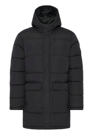 Giacca a vento nera con cappuccio, caratterizzata da una texture trapuntata, due tasche frontali e un design diritto.