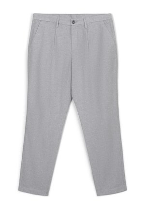 Hellgraue maßgeschneiderte Hose mit vorderem Knopf, Gürtelschlaufen, Seitentaschen und geradem Bein.