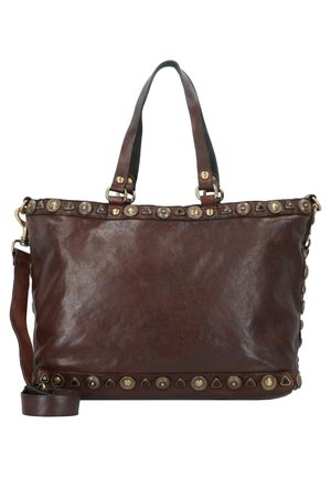 Borsa tote in pelle marrone scuro con due manici, tracolla removibile e borchie decorative dorate lungo i bordi superiore e inferiore.