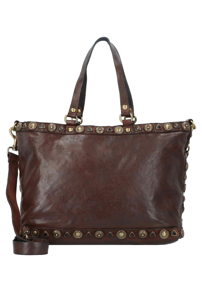 Borsa tote in pelle marrone scuro con due manici, tracolla removibile e borchie decorative dorate lungo i bordi superiore e inferiore.
